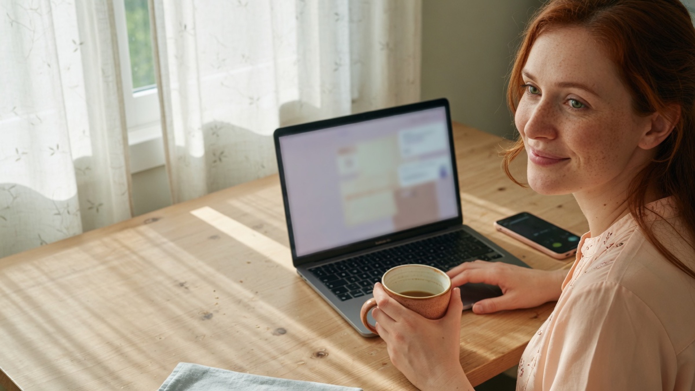 Illustrative scene: a red-haired woman reviews options on her laptop, with a phone beside her.
