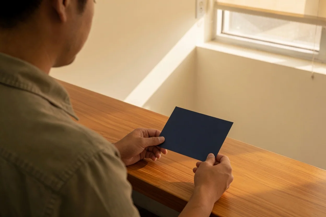 A man holds a blue card over a wood counter.