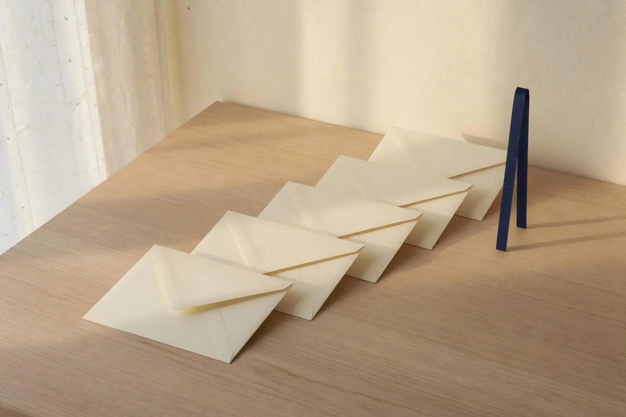 Envelopes in a rising row stop before a blue ribbon.