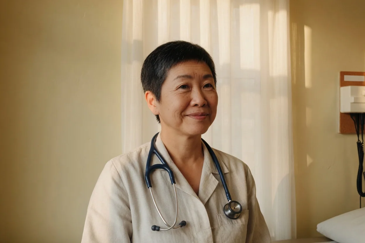A physician with a stethoscope beside a sunlit curtain.