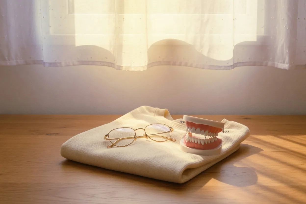 Eyeglasses and a dental model on a cream sweater.