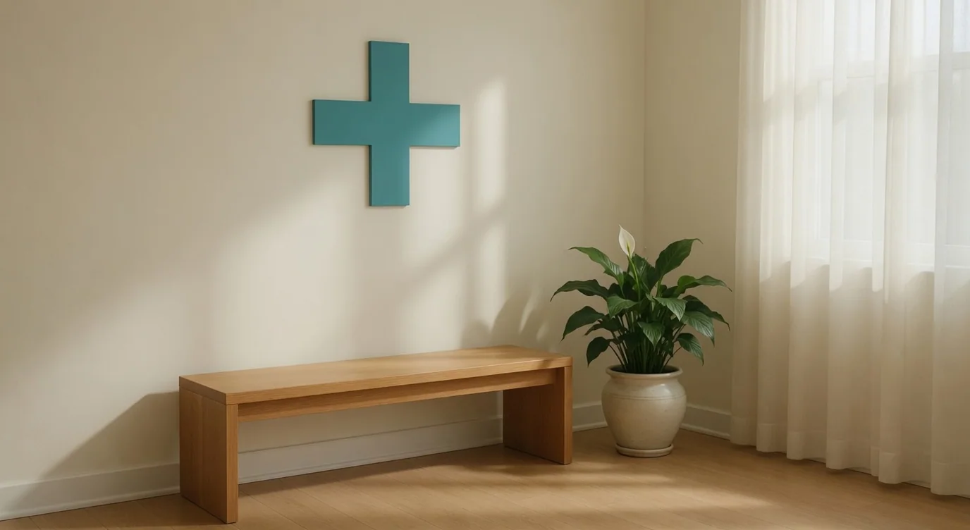 A bright room with a teal cross, a bench, and a plant.