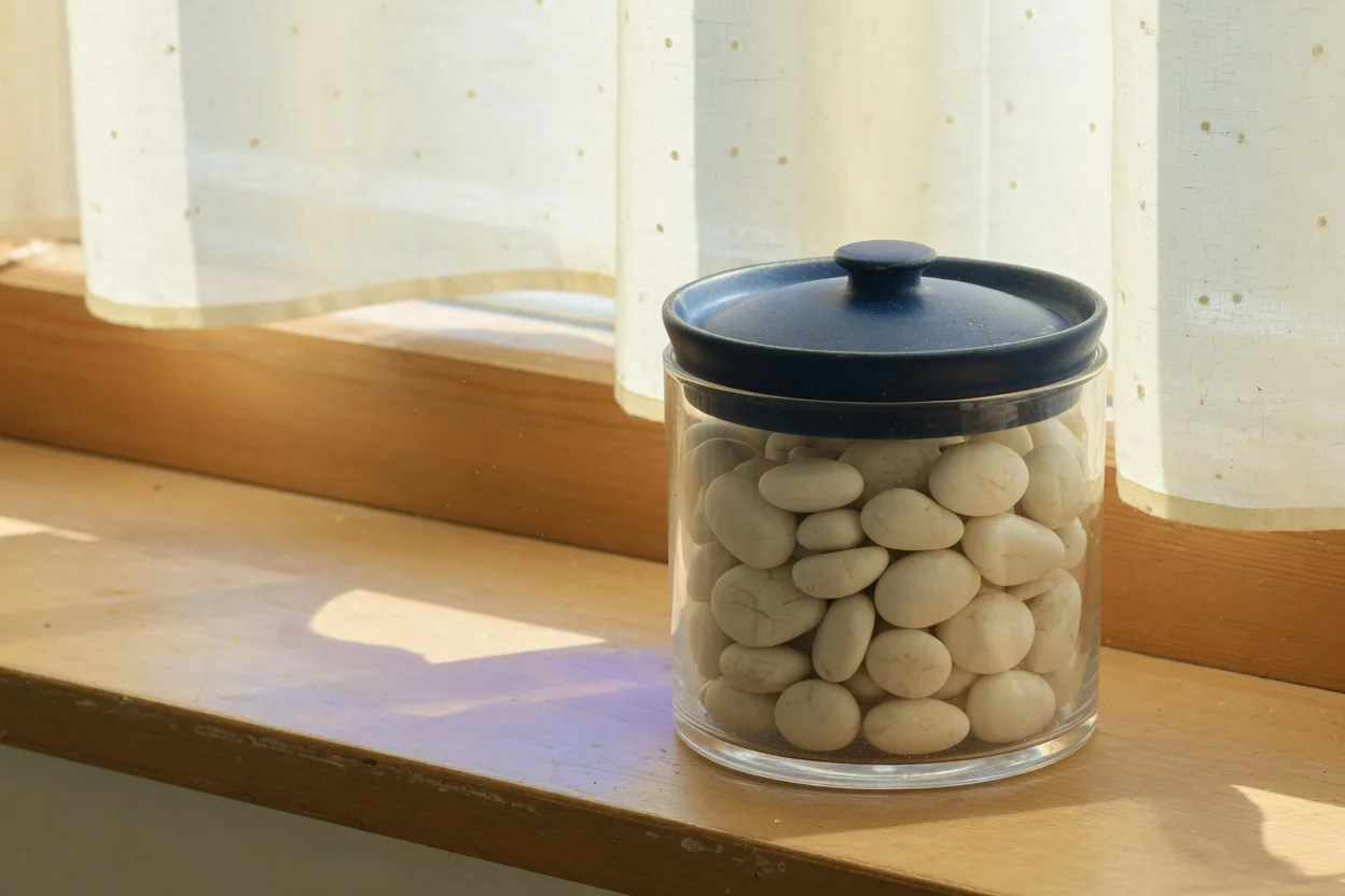 A glass jar filled with stones, under a blue lid.