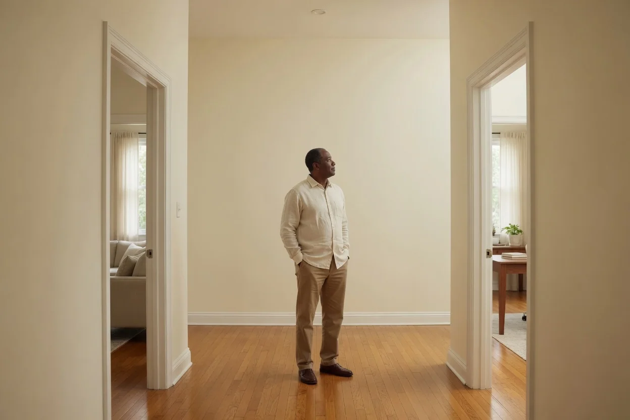 A man between two open doorways in a light hallway.