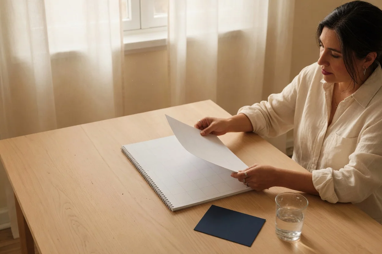A woman looks over a blank calendar beside a blue card.