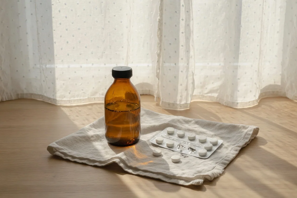 An unlabeled amber bottle and tablets on linen.