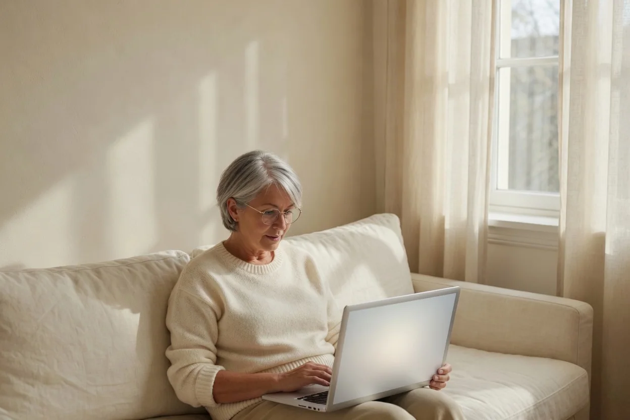 A woman on a sofa with a computer and an empty screen.