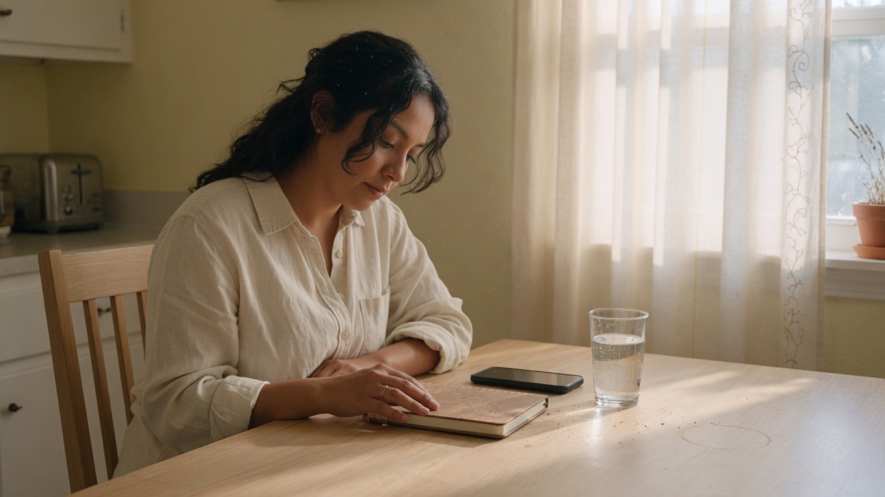 A woman looks over a notebook at her kitchen table in the morning.
